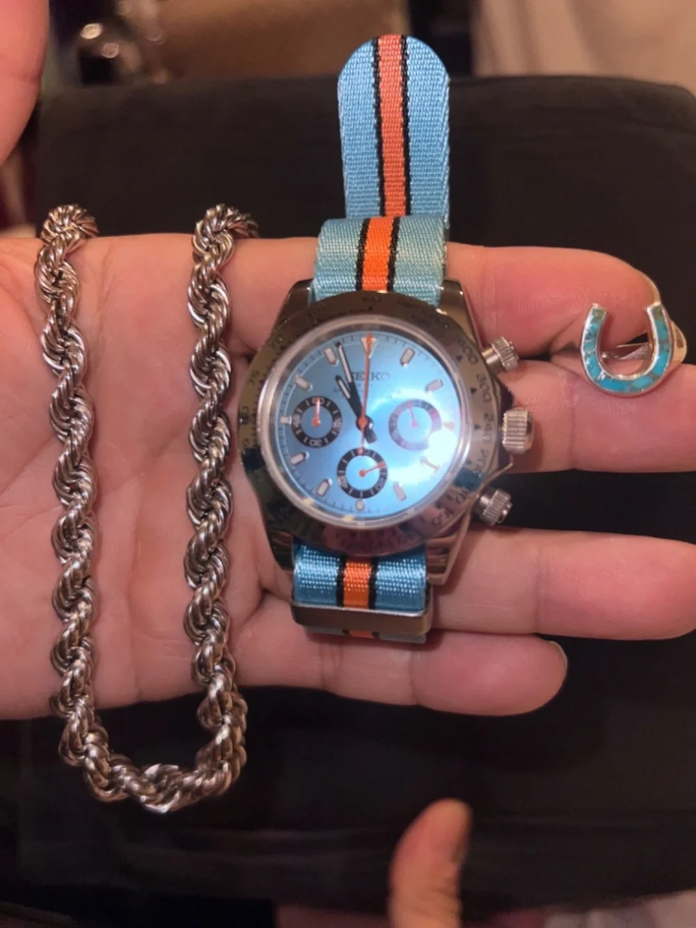Seiko Watch Mod Daytona 925 Silver Rope Necklace Chain 925 Turquoise Stone Ring